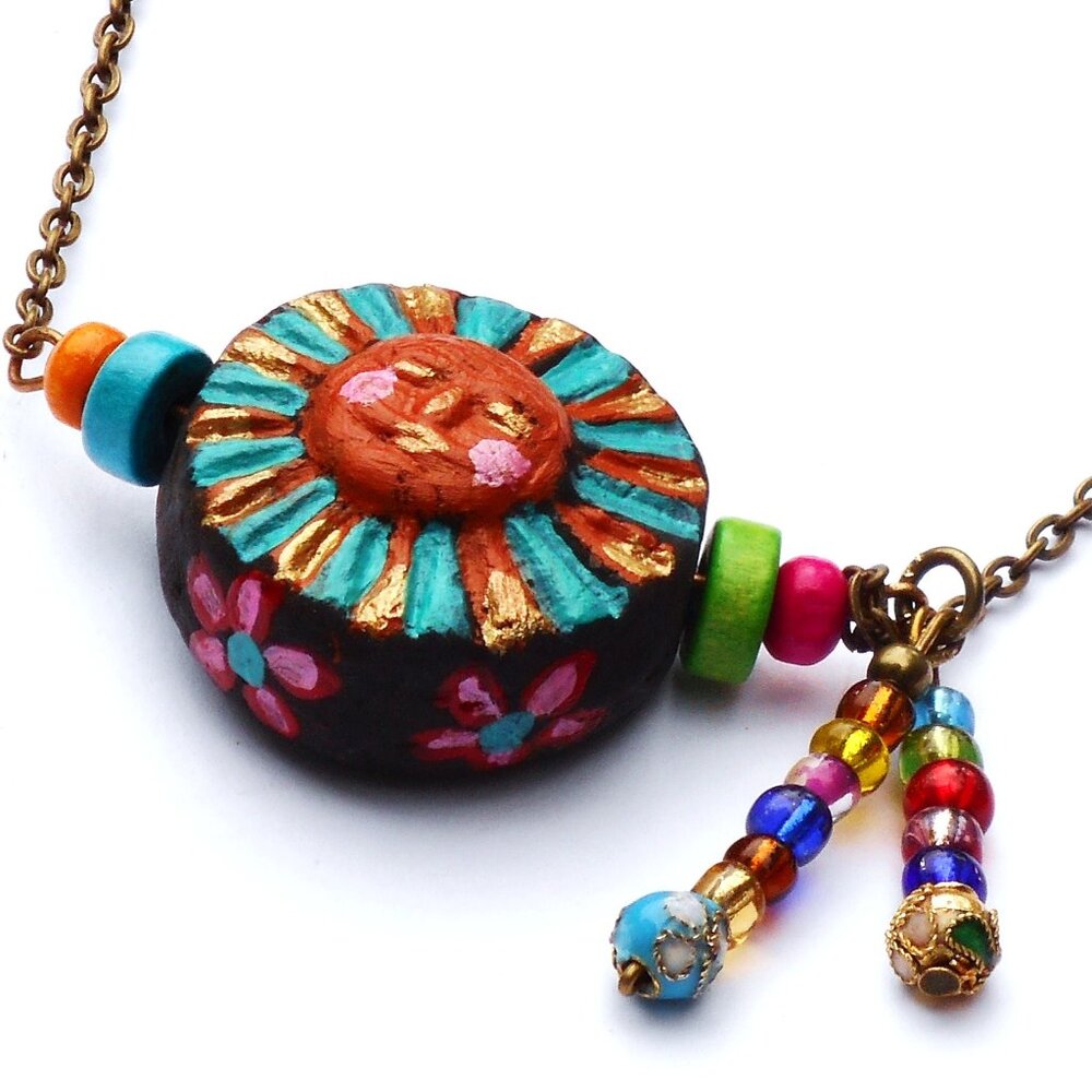 NEW Handmade Sun Pendant Necklace Hand Painted Dangling Beads Boho Jewelry